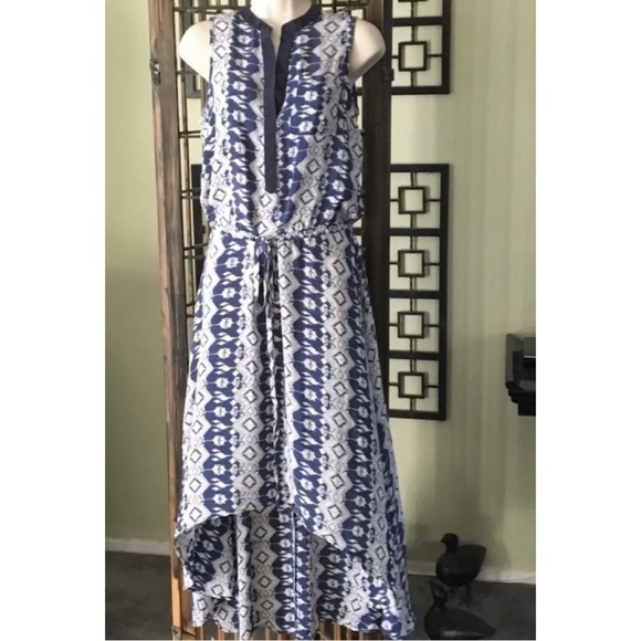 Tolani Sz S 100% Silk Blue High Low Maxi Dress Aztec Tribal Print Drawstring - Picture 6 of 9